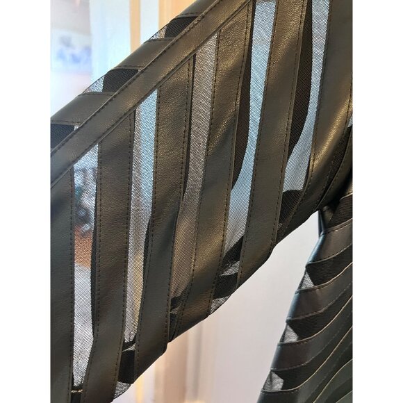 New! Black Sheer Stripe Mesh Vegan Leather Zip Jacket Colleen Lopez, Size Medium - Picture 6 of 10